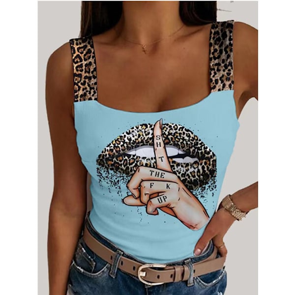 Sexig Dam T-shirt Leopard Läppar Tryckt Ärmlös Kort Blus Mode Fest Klubb Sommar Ärmlös Streetwear Korsett Toppar BLUE M