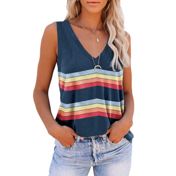 Linne med randigt print för damer Bekväm topp lös casual T-shirt med v-ringad off-shoulder blue L