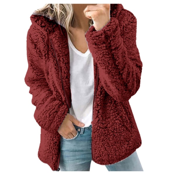 Dam fleece fluffig huva långärmad jacka vinter varm teddybjörn cardigan Red S