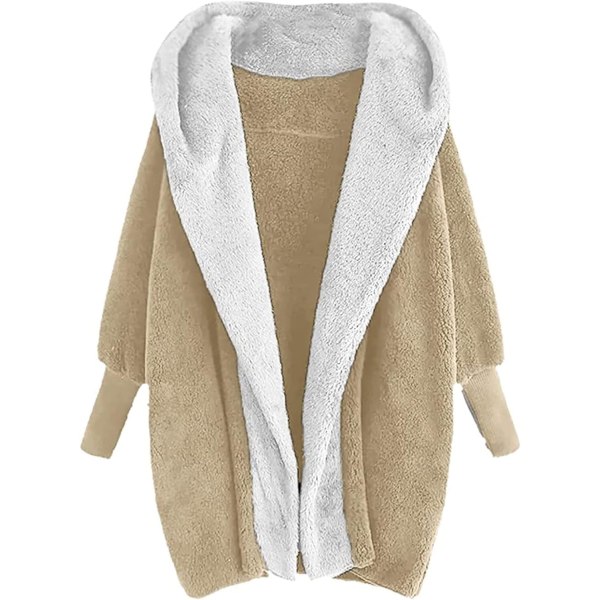 Dam Cardigan i Plysch med Färgblock, Mode, Dubbelsidig Sammet, Höst/Vinter, Huva, Lös Topp, Casual KHAKI M