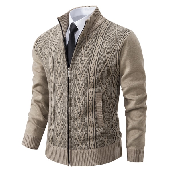 Vinterkofta herr ståkrage mode jacquard förtjockad varm casual tröja jacka beige 2XL