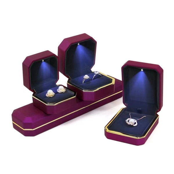 Lyxig ringlåda, fyrkantig case Smycken Presentask med LED-ljus för förslag Förlovningsbröllop, svart Purple Necklace Box-pendant Box