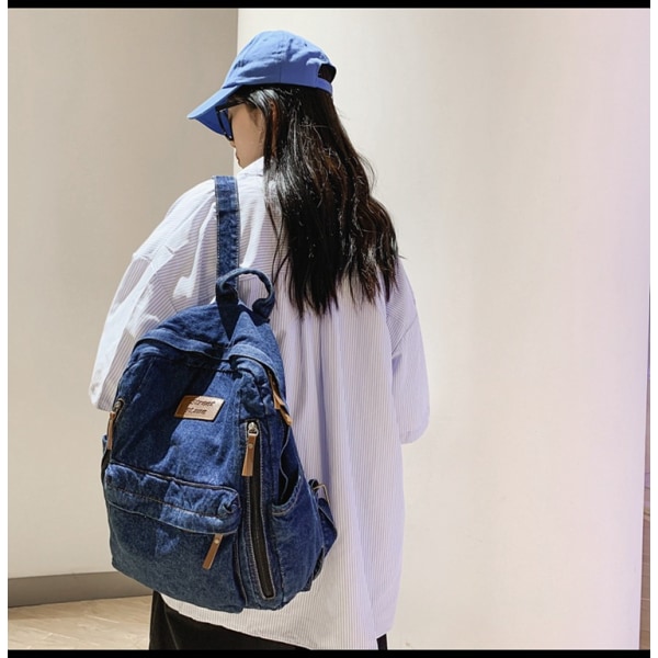 Skolväska högstadieelever hög kapacitet ryggsäck denim trend matchande ryggsäck resväska BLUE-1