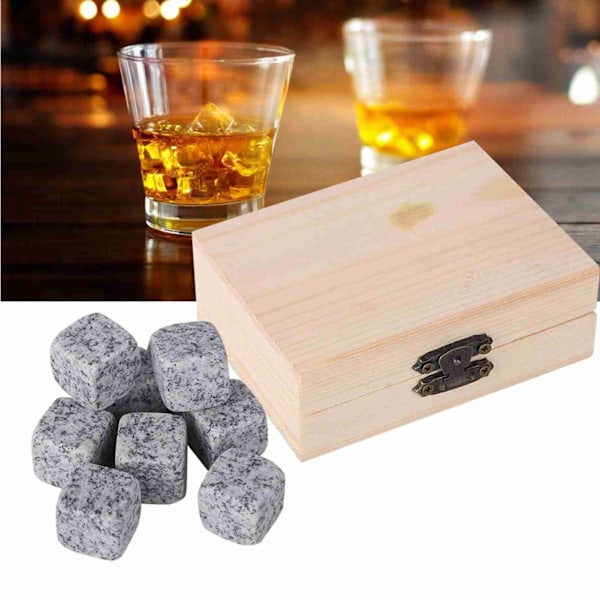 Whisky- och Vinkylstenar Set, 9-Delar Hemdryck Chiller Stenar, Träbox med Sesamträkorn, Perfekt för Att Kylning Drycker