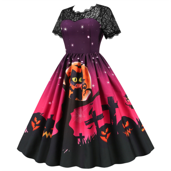 Kvinnors Halloween Spets Temperament Casual Kortärmad Slim Positionering Printed Swing Party Klänningar black1 M