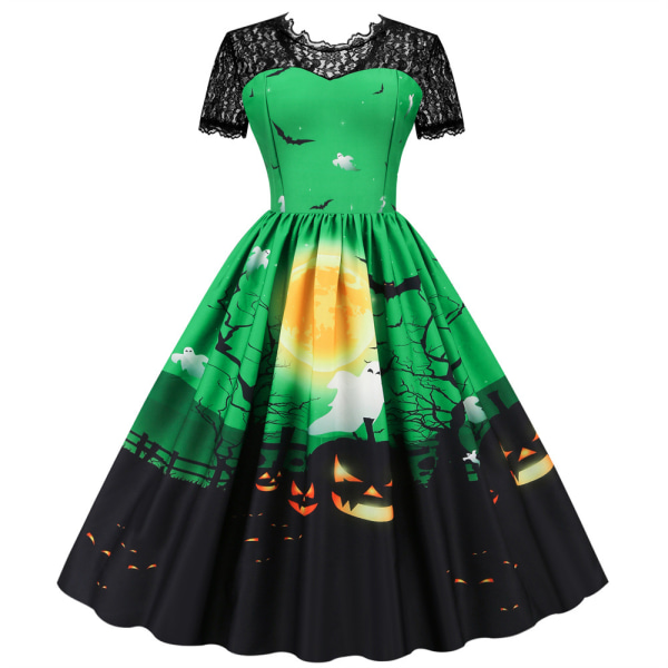 Kvinnors Halloween Spets Temperament Casual Kortärmad Slim Positionering Printed Swing Party Klänningar green L