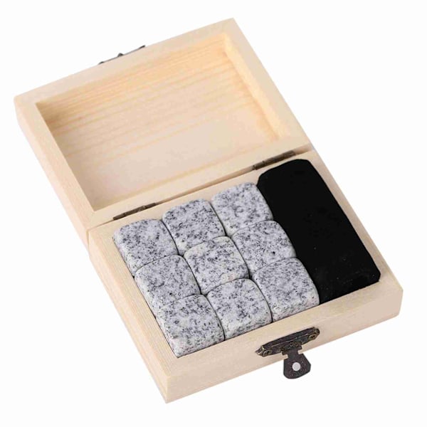 Whisky- och Vinkylstenar Set, 9-Delar Hemdryck Chiller Stenar, Träbox med Sesamträkorn, Perfekt för Att Kylning Drycker