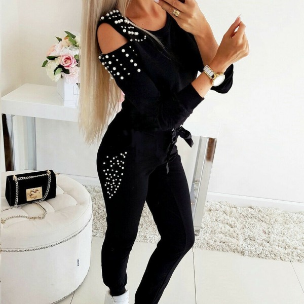 Damkostym Casual Höst Sexig Off Shoulder Mode Pärlor Enfärgad Rundhals Långärmad Slim Kostym black S