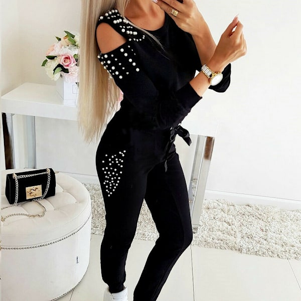 Damkostym Casual Höst Sexig Off Shoulder Mode Pärlor Enfärgad Rundhals Långärmad Slim Kostym blue S