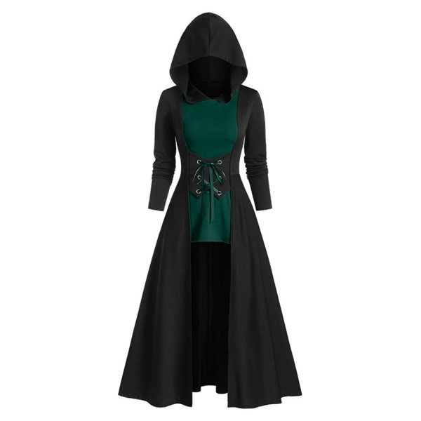 Medeltida kappa huvklänning för kvinnor renässans gotisk hög låg vintage långärmad Steampunk hoodie klänningar green L