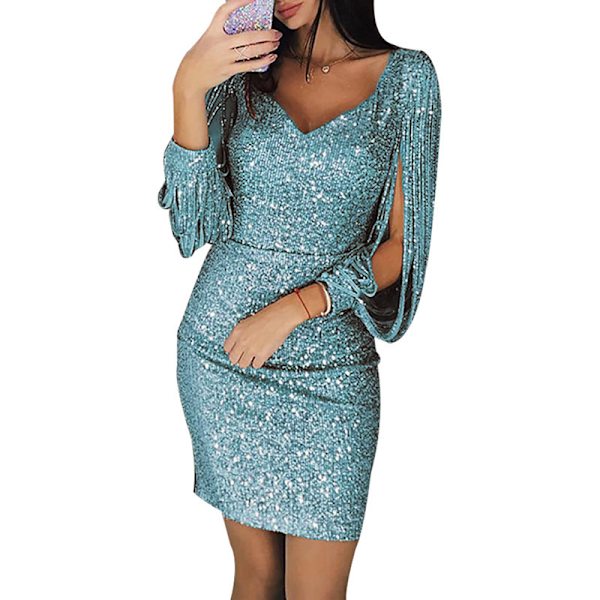 Kvinnors Sekvensdress Glitter Glimrande Sexy Djup V-ringad Kort Klänning Över Knä Längd Lång Fransärm Klänning Red 4XL
