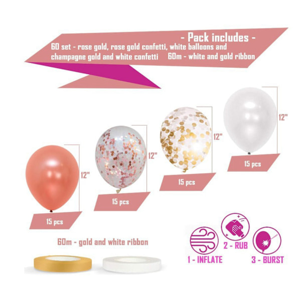 Rosa, Vita, Roséguld Latexballonger 12 tum 60 st med Paljetter, Perfekt för Födelsedagsfest Bröllopsdekorationer, Typ 7, Hållbara och Långvariga