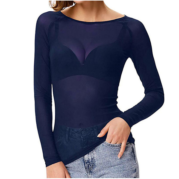 Kvinnors Genomskinlig Långärmad Sömlös Armformare Topp Mesh Skjorta Blus Blue XXL