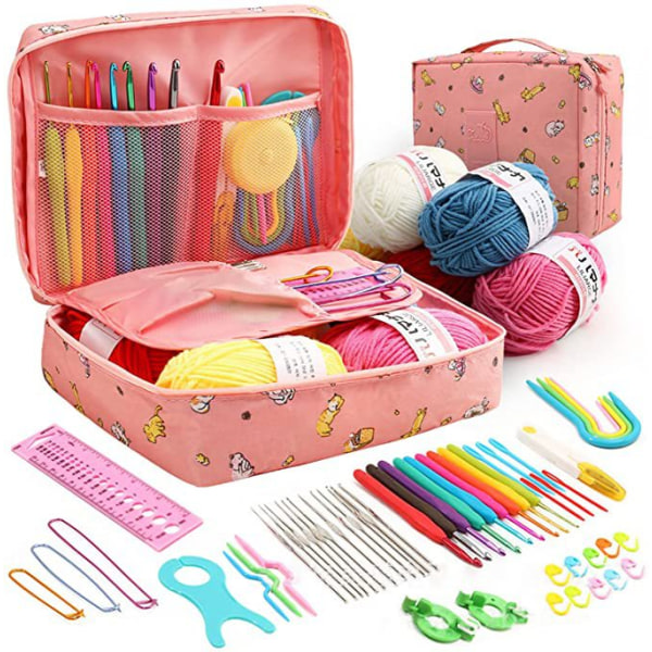 Hot Wool Crochet Kit Förvaringsväska Ergonomisk stickning Virknålar Set Garnsömnad rosa