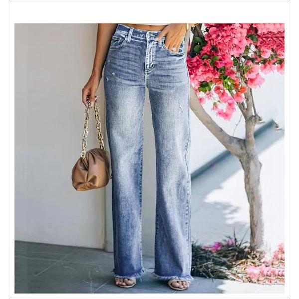 Damernas vår- och höstmode, trendiga, lätt utsvängda jeans med slitningar, tvättade, vida ben grey M