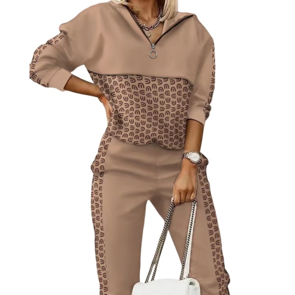 Kostym kvinnors flerfärgade printed långärmade culottes Huvtröja Smal mode Elegant pendlingsdräkt BROWN XL