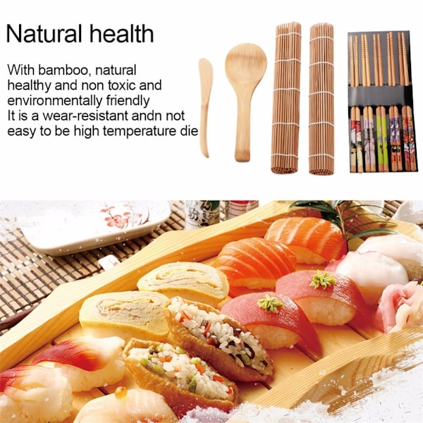 Bambus Sushi Maker-set med Rullmatta, Kniv, Sked & Stickor för Hembruk, Lätt att Göra Perfekta Sushirullar, Miljövänligt Hållbart Set