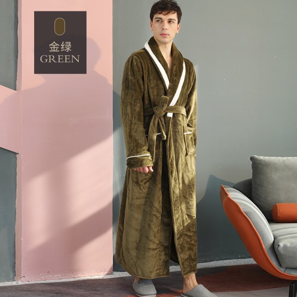 Pars morgonrock höst/vinter Integrerad pyjamas med snörning plus v-ringad flanell badrock lång green XXXL