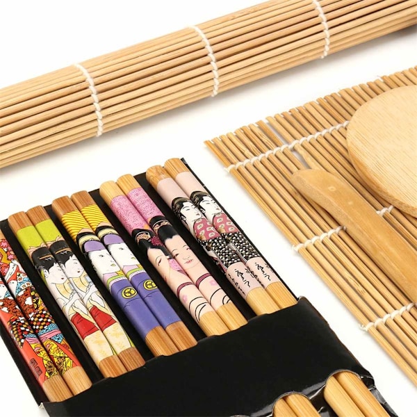Bambus Sushi Maker-set med Rullmatta, Kniv, Sked & Stickor för Hembruk, Lätt att Göra Perfekta Sushirullar, Miljövänligt Hållbart Set