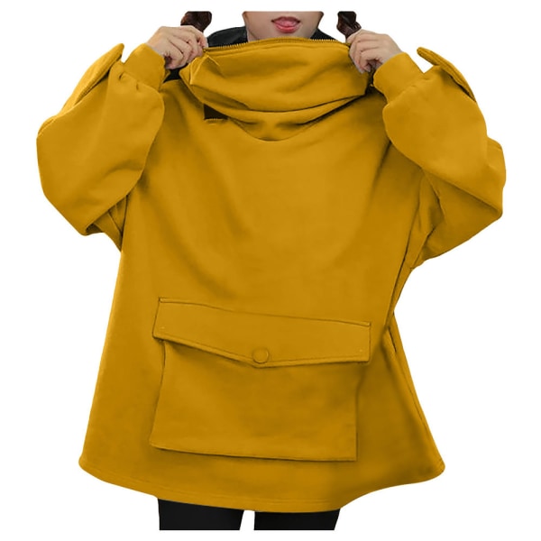 Plush Sweatshirt för Kvinnor, Midi Design Sense Super Söt Söt Groda Huva Dragkedja Fickor Slouchy Coat Top YELLOW XL