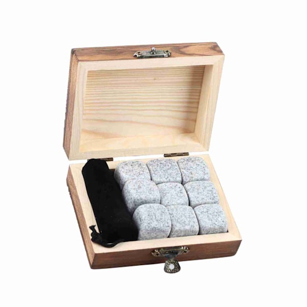 Whisky- och Vinkylstenar Set, 9-Delar Hemdryck Chiller Stenar, Träbox med Sesamträkorn, Perfekt för Att Kylning Drycker