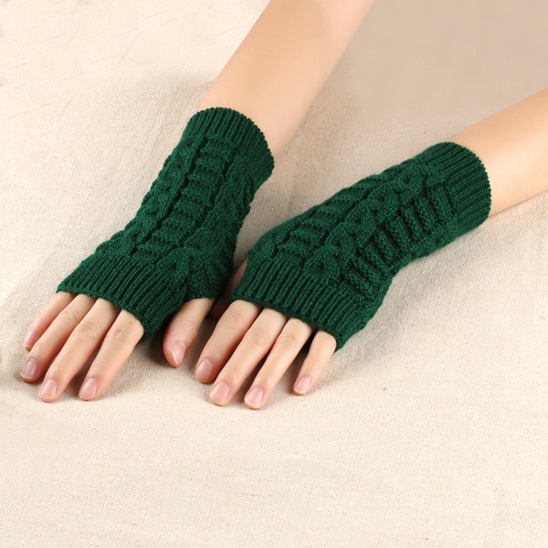 Unisex varmare vinter lång stickad arm halvfinger handskar fingerlös vante Dark-Green