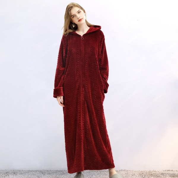 Kvinnor Lång Huva Morgonrock Nattlinne Flanell Morgonrock Zip Robes Wine Red-Female M