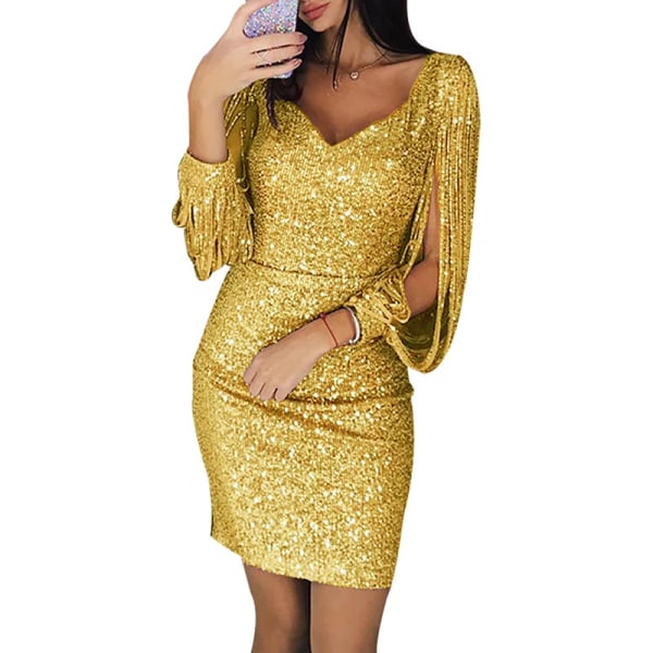 Kvinnor Paljettklänning Glitter Sparkle Sexig Djup V-ringad kort klänning ovanför knälång Lång tofsärmad klänning Yellow XL