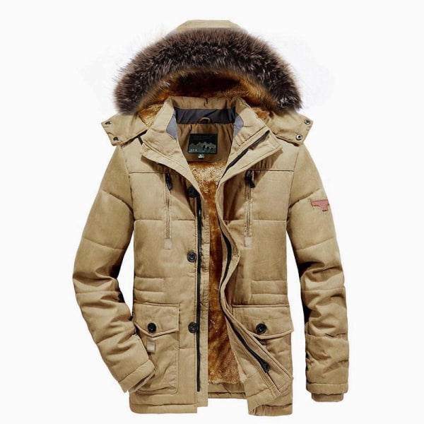 Män Vinterjacka Parkas Kappa Pälskrage Tjocka Varma Jackor Casual Stor storlek Herrrock khaki L