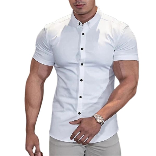 Damskjortor med enkel passform för män med kort ärm, fritidsskjortor med casual knappar White M