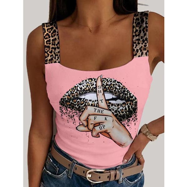 Sexig Dam T-shirt Leopard Läppar Tryckt Ärmlös Kort Blus Mode Fest Klubb Sommar Ärmlös Streetwear Korsett Toppar PINK S