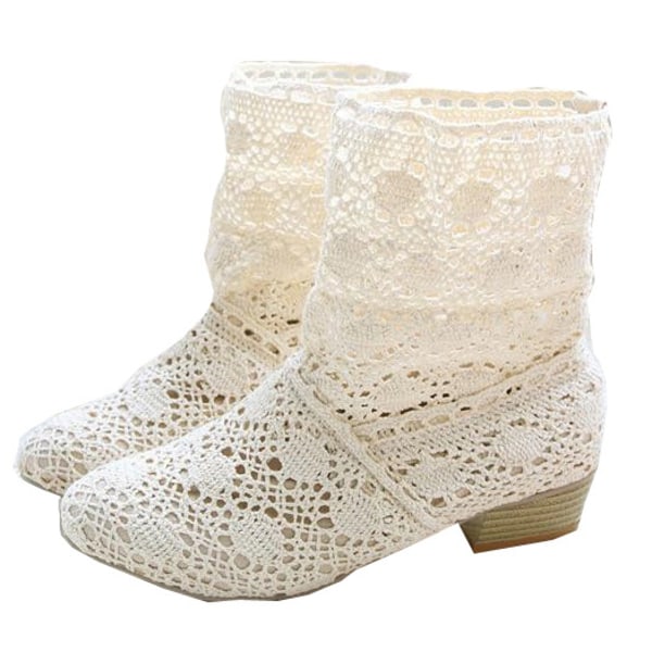 Dam Mesh Pastoral Style Mid-heel Knight Boots Korta stövlar Fyrkantiga klack Korta stövlar beige 40