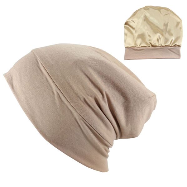 Satinfodrad Beanie, Siden Beanie Sovhatt Hårtäckande Bonnet Slouchy Beanie Natt Sovhatt Justerbar För Lockigt Svart Hår Khaki