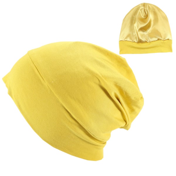 Satinfodrad mössa, silkesmössa Sömnmössa Cap Cover Slouchy Beanie Nattsovmössa Justerbar för lockigt svart hår Yellow