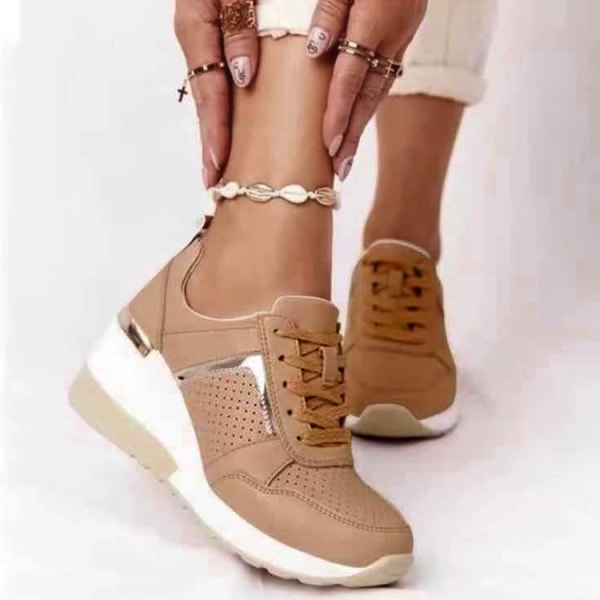 Fritidsskor för kvinnor Plattform Casual Sneakers i mesh med snörning brown 38