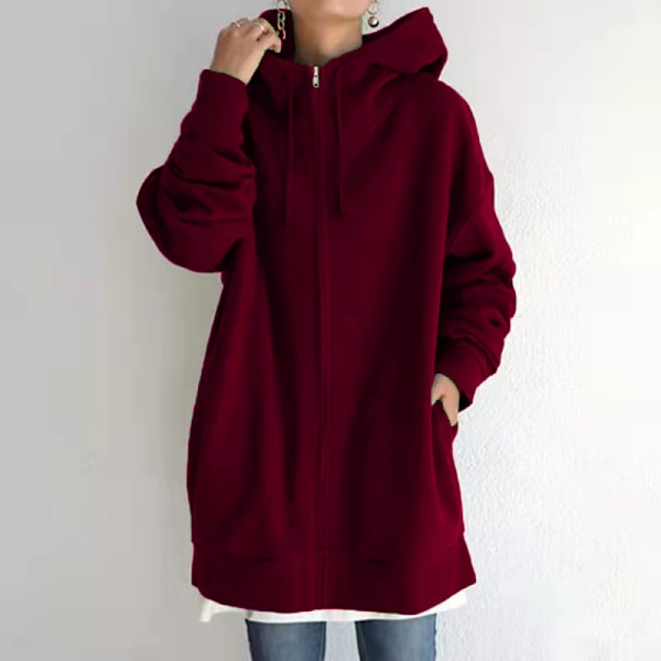 Dam Hoodie Tunika Vinter Varm Fleecejacka Casual Oversize Sweatshirt Kavaj Dragkedja Upp Hoodie Med Fickor Wine-Red XL