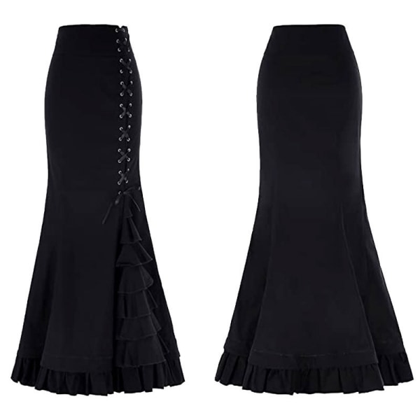Plisserad midikjol dam gotisk punkkjol viktoriansk kjol med snörning Elastisk hög midja A-linje viktorianska Maxikjolar blue XL