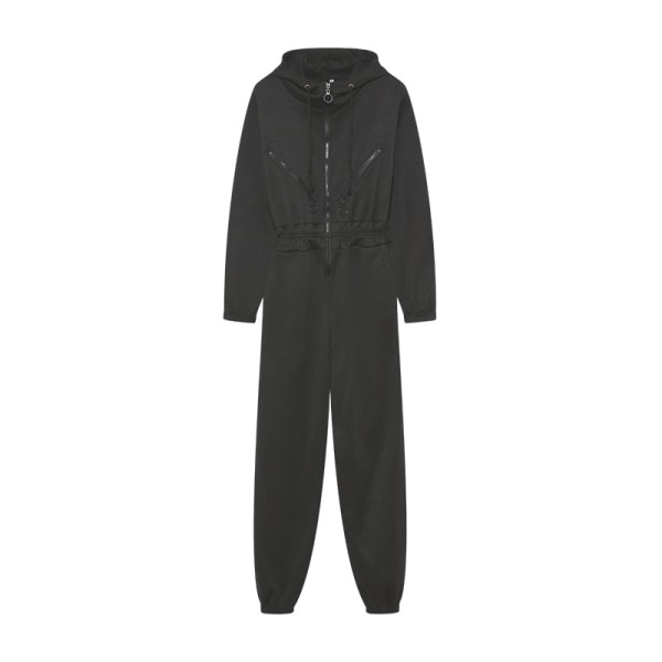 Damsport Casual Jumpsuit med dragkedja Mode Hooded Dragsko Jumpsuit Elastisk midja Lösa Leggings black S