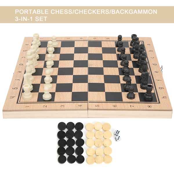 Träbräde för schack, dam och backgammon 3-i-1, vikbart, 24 x 24 cm / 9,4 x 9,4 tum, bärbar interaktivt spelset