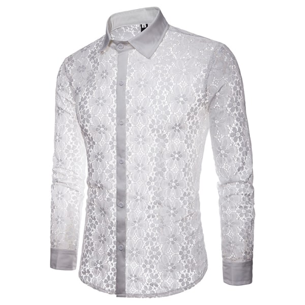 Button Down-skjortor för män, genomskinliga spetsskjortor White 2XL