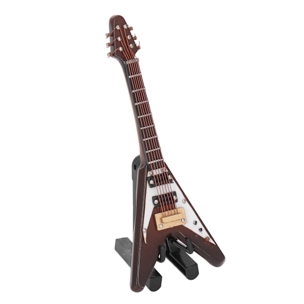Miniatyr Elektrisk Gitarr i Trä för Dockhus Dekoration, 3.9 tum Mini Musikinstrument med Stativ, Perfekt för Heminredning eller Present