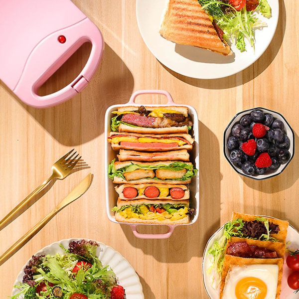 Bärbar elektrisk dubbla våfflor Smörgåsmaskin Non Stick Toast Frukostmaskin Pink