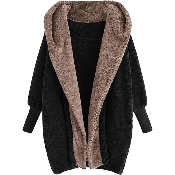 Dam Cardigan i Plysch med Färgblock, Mode, Dubbelsidig Sammet, Höst/Vinter, Huva, Lös Topp, Casual BLACK1 M