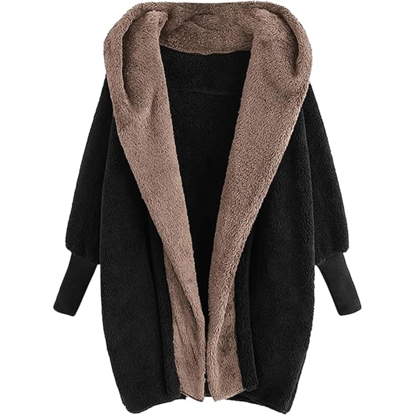 Plysch, färgblockad kofta för damer Mode dubbelsidig sammet Höst/vinter Hood Loose Top Casual BLACK1 L