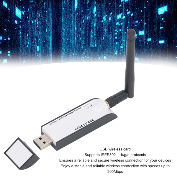 300 Mbps Trådlös USB WiFi-adapter med antenn, IEEE 802.11b/g/n, pålitlig anslutning för hemmakontor och stationära datorer, USB WiFi-dongel för Windows