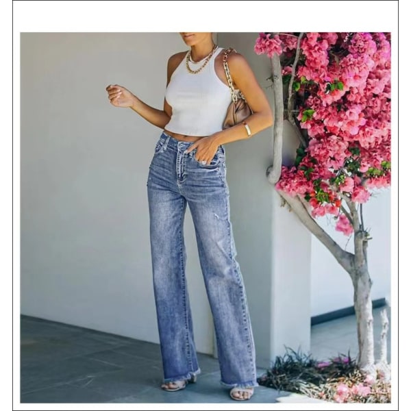 Kvinnors vår och höst nytt mode temperament mikroutsvängda byxor trend slitna tvättade jeans med vida ben blue1 L