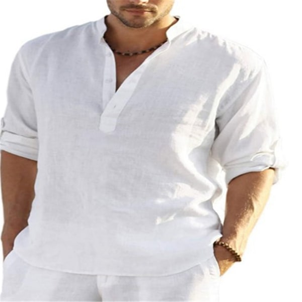 Långärmad linneskjorta för män, casual i bomull och linne White L