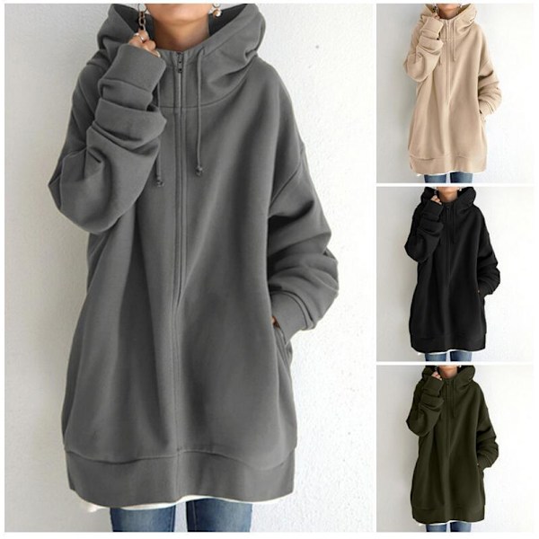 Dam Hoodie Tunika Vinter Varm Fleecejacka Casual Oversize Sweatshirt Kavaj Dragkedja Upp Hoodie Med Fickor Army-Green M
