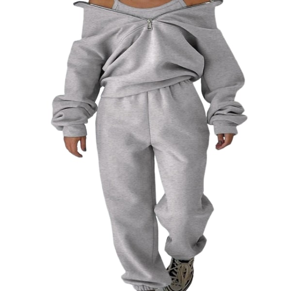 Dragkedja Hoodie för Kvinnor Sport- och Fritids-Hooded Tröja Set för Höst Vinter Jul Outfit Elegant grey XS