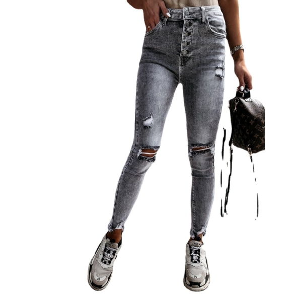 Damjeans slim fit visar tunna slitna byxor mode råkanttvättade gamla casual jeansbyxor L